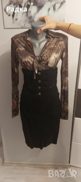 Дамски елегантен комплект дамска пола с висока талия и риза размер S, снимка 1