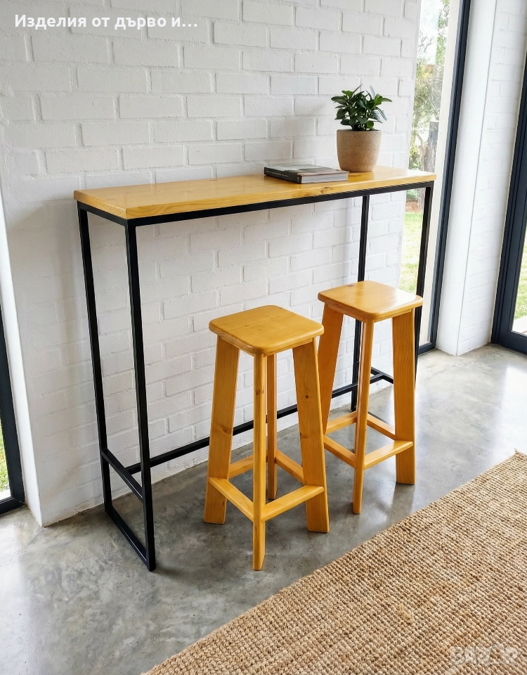 Комплект бар маса с 2 стола - масивно дърво и метал (НОВИ), снимка 1