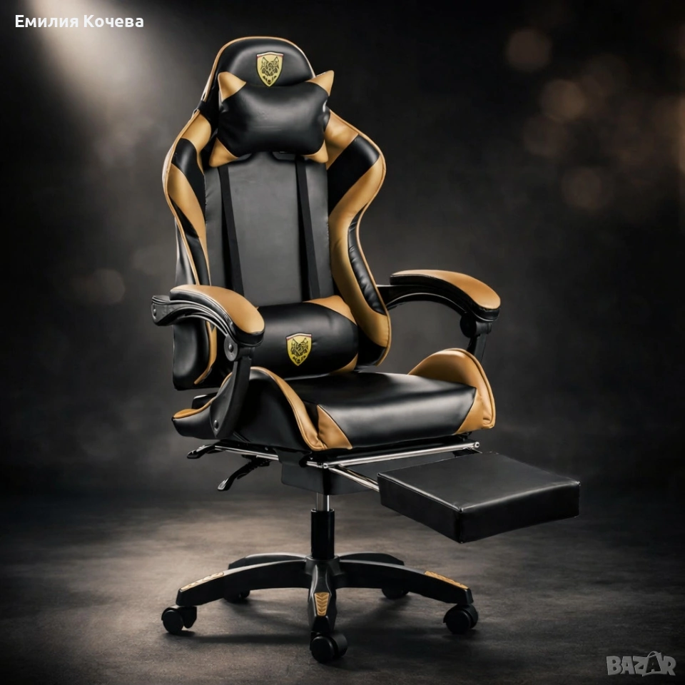 Черен геймърски стол с златисти акценти и разтегляема поставка за крака – луксозен комфорт , снимка 1