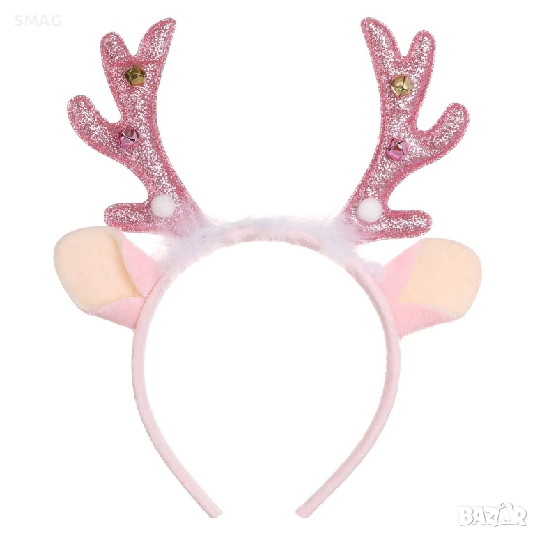 Коледна диадема с еленски рога, пухчета и розови помпони 12 см_1255078, снимка 1