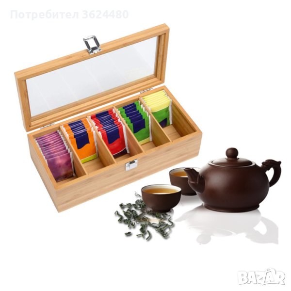 4097 Дървена кутия с 5 отделения за съхранение на чай, снимка 1