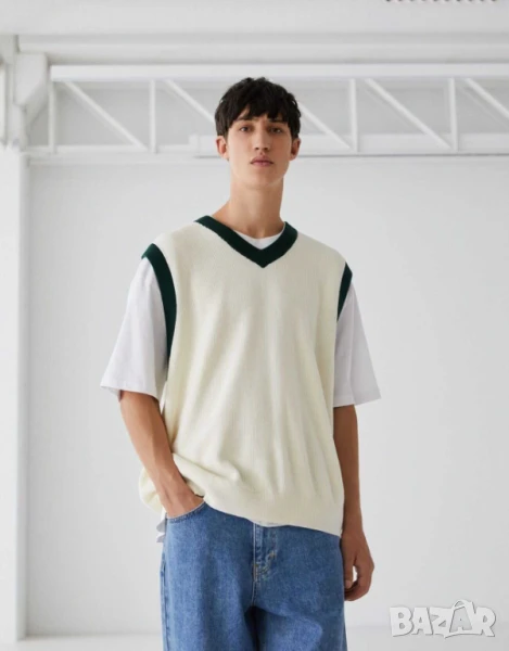 Мъжка плетена жилетка Bershka, 62% памук, 38% акрил, Екрю, XL, снимка 1