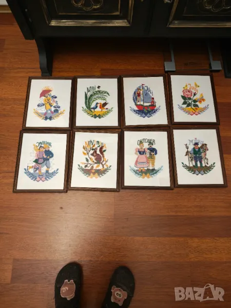 Лот гоблени сезони дървени рамки и стъкло, снимка 1