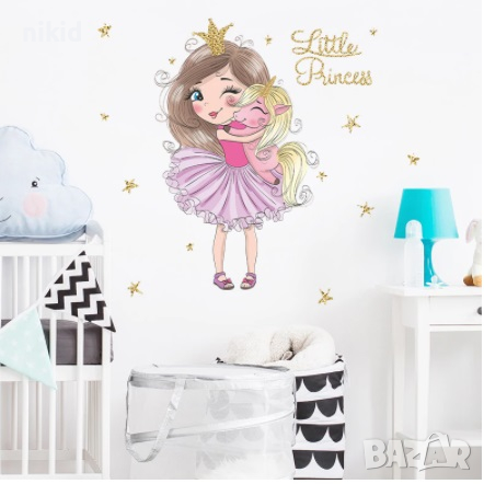  Little Princess момиченце принцеса с пони стикер за стена лепенка самозалепващ за стая декор, снимка 1