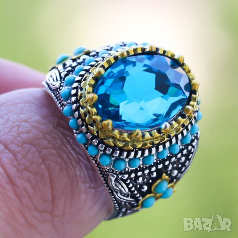 Мъжки пръстен със син циркон и тюркоази