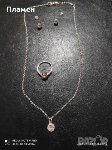 Елегантен дамски сребърен комплект пръстен, обеци, колие , снимка 8 - Бижутерийни комплекти - 41950086
