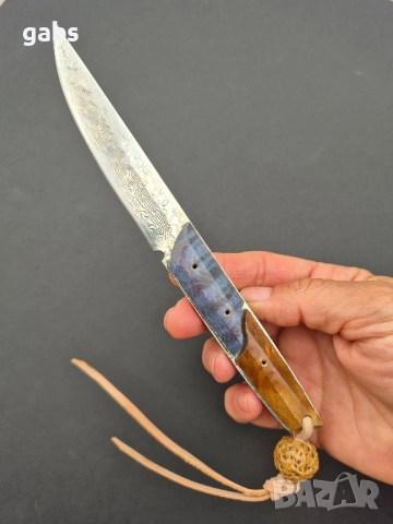 Компактен ловен нож,фултанг дамаска стомана с кожена кания, LN426, снимка 12 - Ножове - 52327576