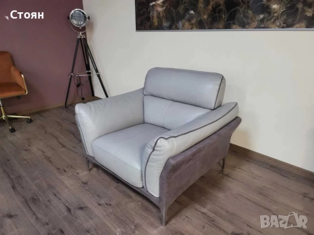 Сив фотьойл от кожа и плат, снимка 2 - Дивани и мека мебел - 52010789