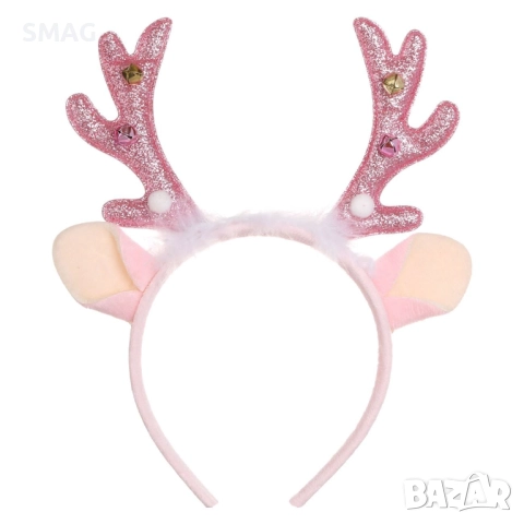 Коледна диадема с еленски рога, пухчета и розови помпони 12 см_1255078