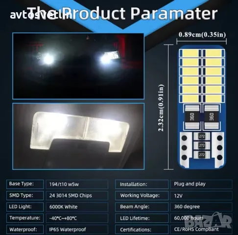 Висококачествени LED лампи T10 W5W Canbus 3014 24SMD, снимка 4 - Аксесоари и консумативи - 48045324