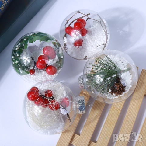 Комплект от 6 или 12 прозрачни топки за елха пълни с коледна декорация, снимка 7 - Други стоки за дома - 52086387