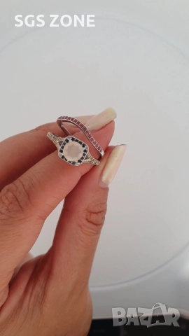 Двойни сребърни пръстени с опал и разпръснати сапфири, снимка 6 - Колиета, медальони, синджири - 52401231