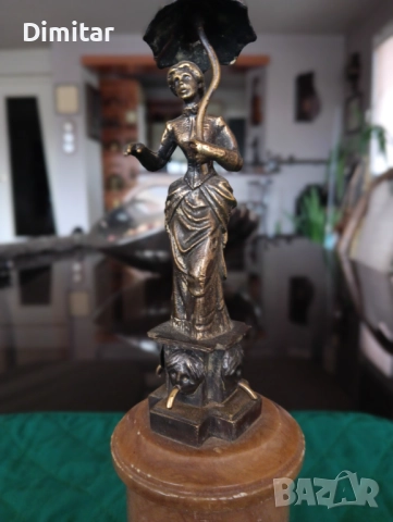 Бронзова статуетка на дама с чадър върху мраморна основа, Франция, начало на XX век, снимка 3 - Антикварни и старинни предмети - 52302790