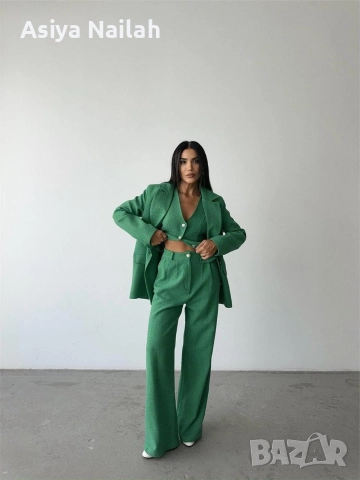 Дамски зелен костюм от 3 части – сако, елек и широк панталон, снимка 3 - Костюми - 52792782