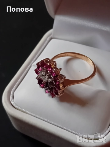 Винтидж златен пръстен с диаманти и рубини ръчна изработка , снимка 5 - Пръстени - 52490240