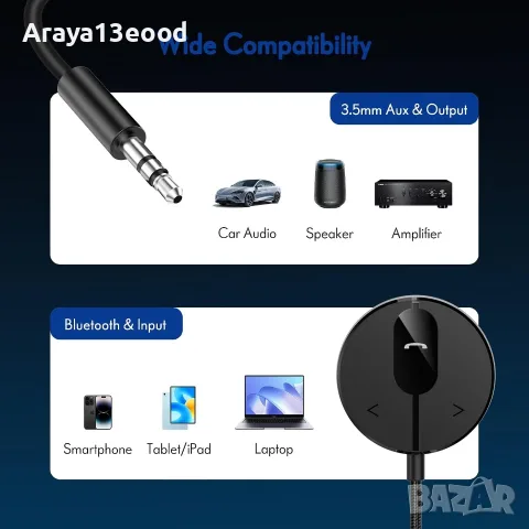 BESIGN BK01 Bluetooth 5.3 адаптер за автомобил с AUX, hands-free разговори и филтър против шум, снимка 6 - Аксесоари и консумативи - 55835505