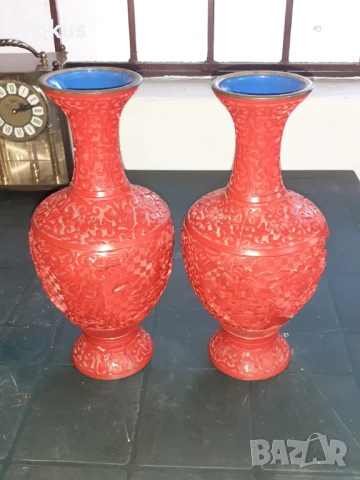 Cinnabar Laquer -чифт прелестни стари китайски вази уникални, снимка 5 - Антикварни и старинни предмети - 50929599