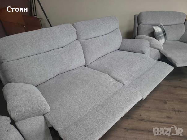 Сив комплект от плат диван тройка с два фотьойла с релакс механизъм, снимка 12 - Дивани и мека мебел - 44701681