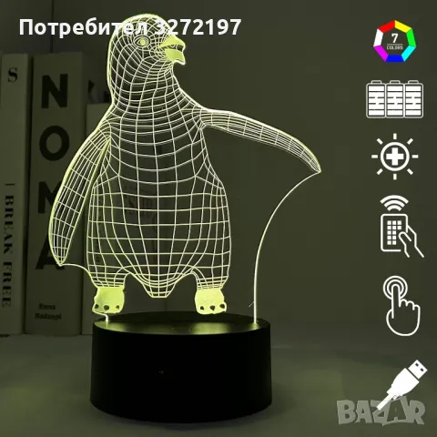 Холограмна 3D LED лампа Пингвин,RGB Седемцветен Интелигентен Контрол,USB, снимка 1 - Настолни лампи - 49517700