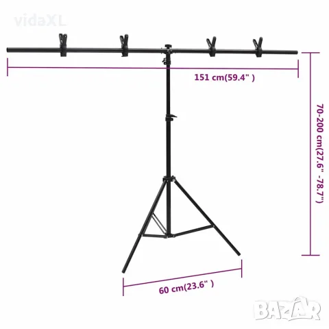 vidaXL T-образна стойка за фон, черна, 151x60x(70-200) см, снимка 8 - Светкавици, студийно осветление - 56146273