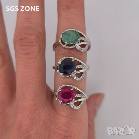 СРЕБЪРЕН ПРЪСТЕН СЪС СИН САПФИР, РУБИН, ИЗУМРАД И ТАЙЛАНД, снимка 2 - Пръстени - 52316434