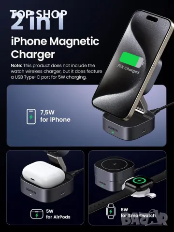UGREEN MagSafe Charging, 2-в-1 магнитна станция за зареждане, (без адаптер), снимка 2 - Безжични зарядни - 49937546