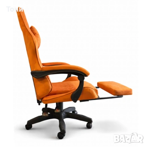 Оранжев велурен геймърски стол с поставка за крака – ергономичен, метална рамка, снимка 7 - Столове - 53239996