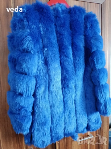Синьо еко палто с косъм ново размер S , снимка 2 - Палта, манта - 53666243