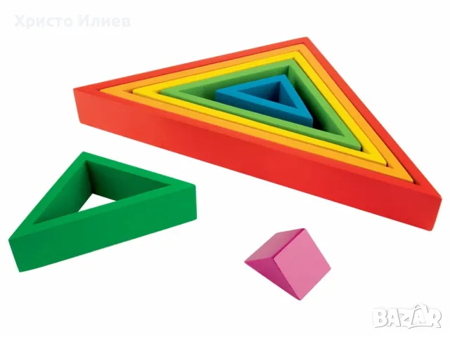 Дървен конструктор Пъзел Цветни триъгълници за подреждане Монтесори, снимка 7 - Образователни игри - 47592669
