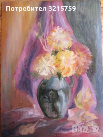 Картина -масло, фазер, ваза с хризантеми,51х36см., снимка 4 - Картини - 39466326