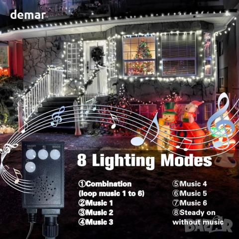 Коледни лампички за елха, 20+5M 200 LED, коледна музика, сензор за движение, бели, снимка 2 - Декорация за дома - 52455208