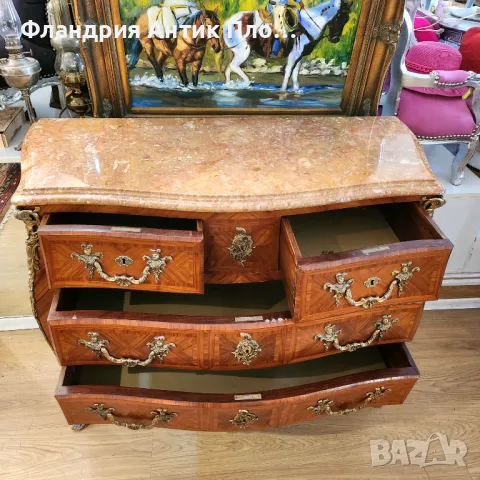 Античнен голям комод с мраморен плот и инкрустирани орнаменти, снимка 7 - Скринове - 48391808