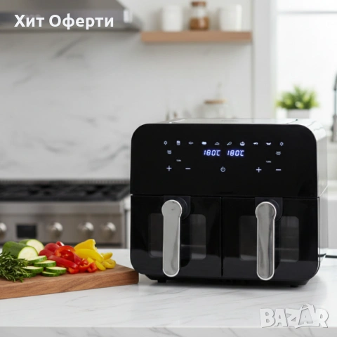Двоен фритюрник с горещ въздух Cheffinger 9 л  с дигитален дисплей, стъклен прозорец и 360° циркулац, снимка 3 - Фритюрници - 53202527