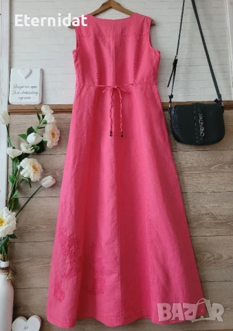 Розова дълга ленена рокля с бродерии , снимка 12 - Рокли - 51417558