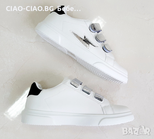 №36-№41, Маратонки за момиче BUONAROTTI бели със сребристи декорации и 3 велкро, снимка 3 - Детски маратонки - 32378853