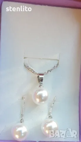 Комплект сребърни обеци и колие с перли, снимка 5 - Бижутерийни комплекти - 47823953