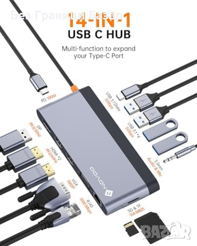 Нов Универсален USB C Хъб 14 в 1, 8K DP, 4K Dual HDMI, 100W PD Докинг Станция, снимка 7 - Друга електроника - 44529159
