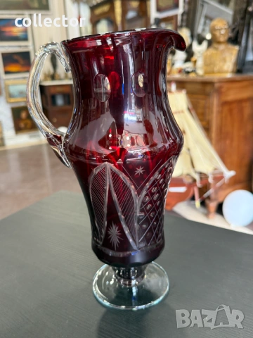 Кристална рубинена кана бохемско стъкло / Бохемия. №7881, снимка 2 - Антикварни и старинни предмети - 53498197