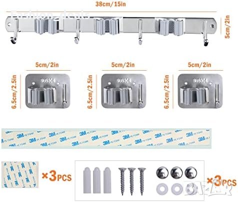 Нов комплект Държач за метли мопове Монтиране стена Неръждаема стомана Съхранение, снимка 8 - Други стоки за дома - 41918694