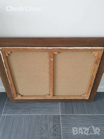 94х74см наивизъм/голяма картина масло върху платно/къща-дървета-река/1979/дървена рамка, снимка 10 - Картини - 50852908