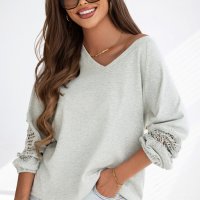 Дамска блуза в сиво с дълъг ръкав и ефектна бродерия, снимка 4 - Блузи с дълъг ръкав и пуловери - 44414688