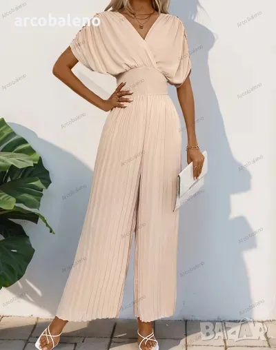 Дамски плисиран широк гащеризон с V-образно деколте, снимка 1