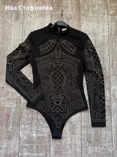 Ново официално черно парти коктейлно боди с декоративни малки капси стил Ким Кардашиян , снимка 1