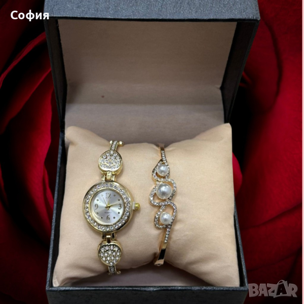 Елегантен дамски комплект часовник с камъни цирконии и красива гривна, снимка 1