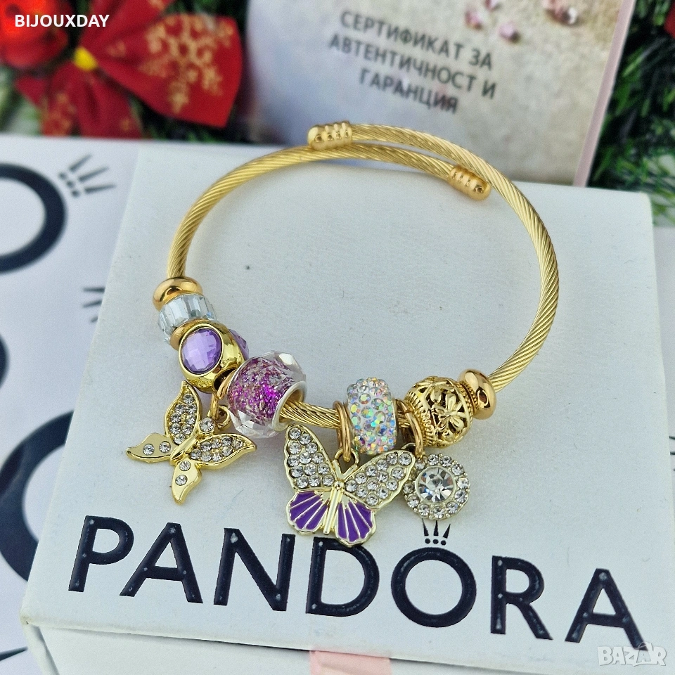 промоция гривна pandora с пеперуди медицинска стомана 18 карата златно покритие, снимка 1