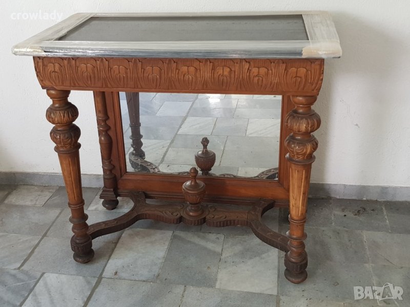 Уникална ръчно резбована дървена мебел с черен гранит и огледало, снимка 1