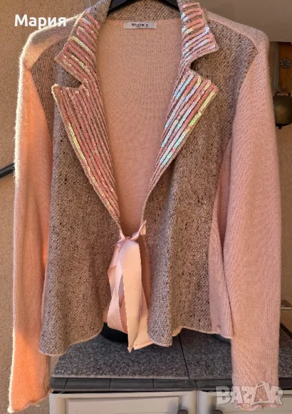 Красиво италианско от плат и плетка сако за вечер с пайетки на ревера. Размер 3, снимка 1