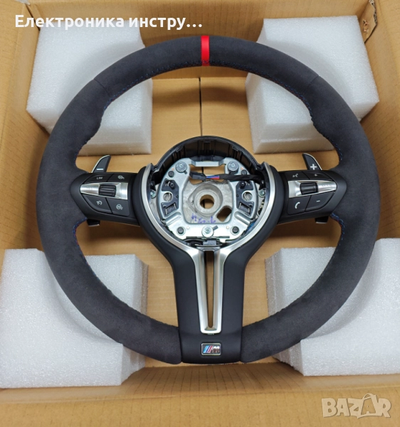 ME14 BMW M Sport Alcantara мултифункционален волан – червена маркировка, M емблема и пера + Airbag п, снимка 1