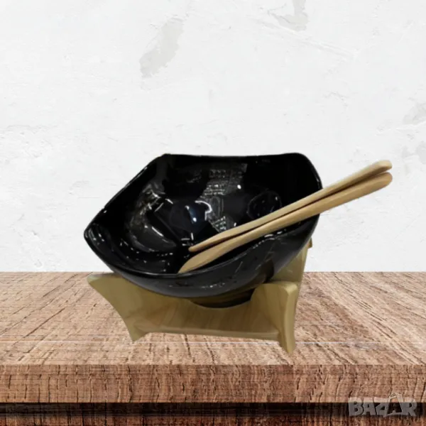 Елегантен сет за сервиране с купа и дървена поставка, снимка 1