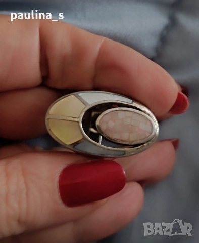 Винтидж! / Уникален сребърен пръстен с разноцветен седеф , снимка 9 - Пръстени - 52033549